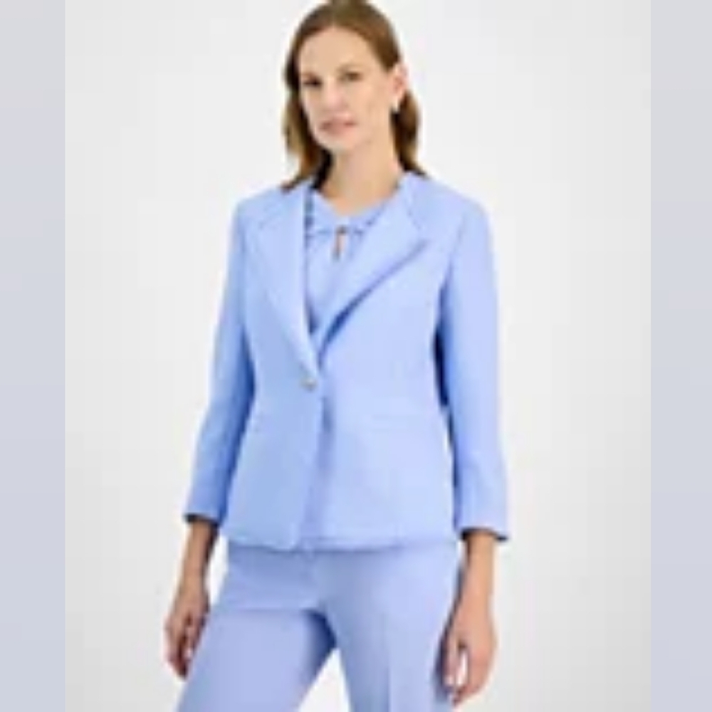 NWT - Kasper Tweed One Button Sky Blue Fringe Blazer - Size 18